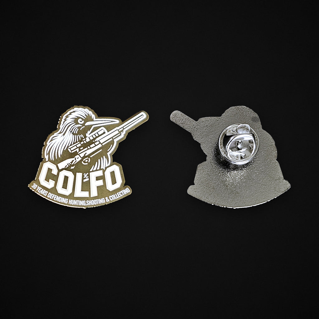 COLFO 30 year silver anniversary badge shown front and back side by side