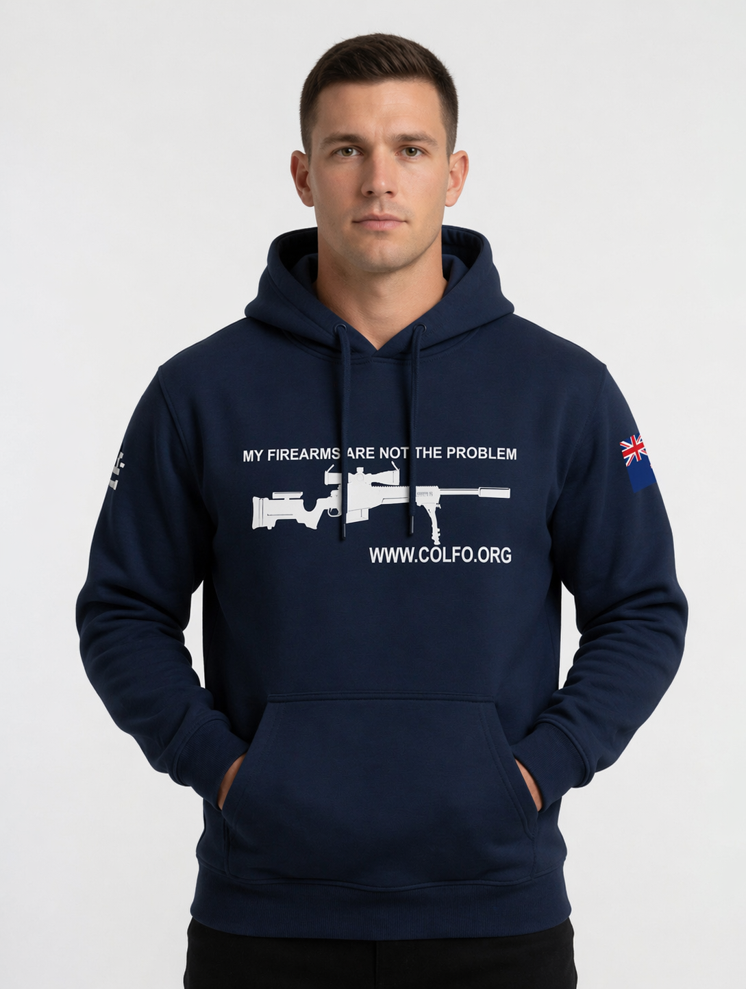 "My Firearms" Modern Bolt Hoodie Men's White Text NZ Flag