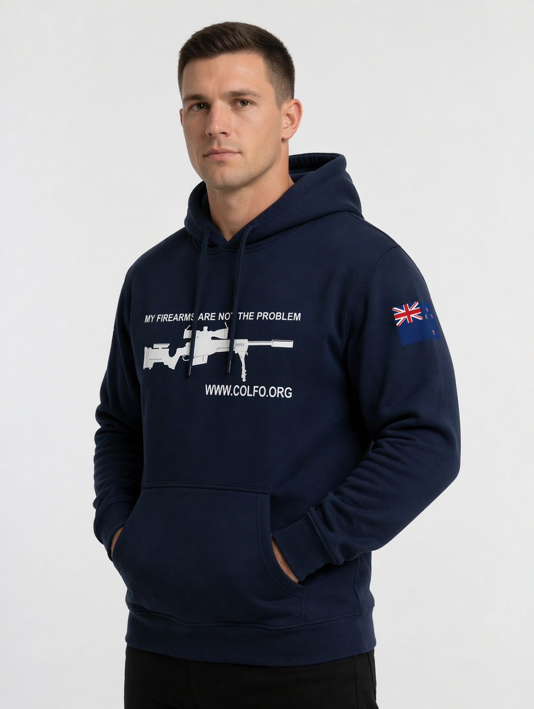 "My Firearms" Modern Bolt Hoodie Men's White Text NZ Flag