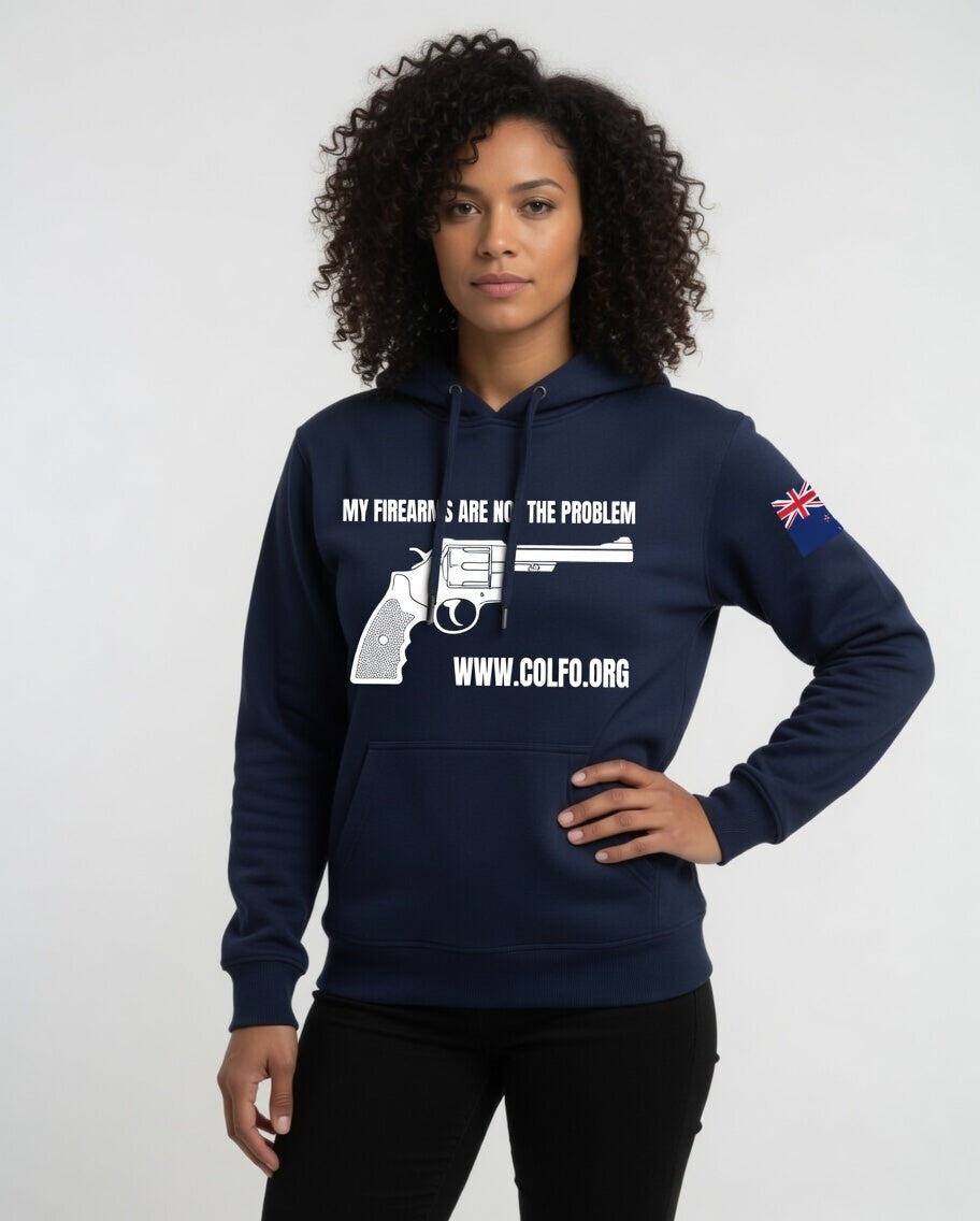 "My Firearms" Revolver Hoodie Women's White Text NZ Flag