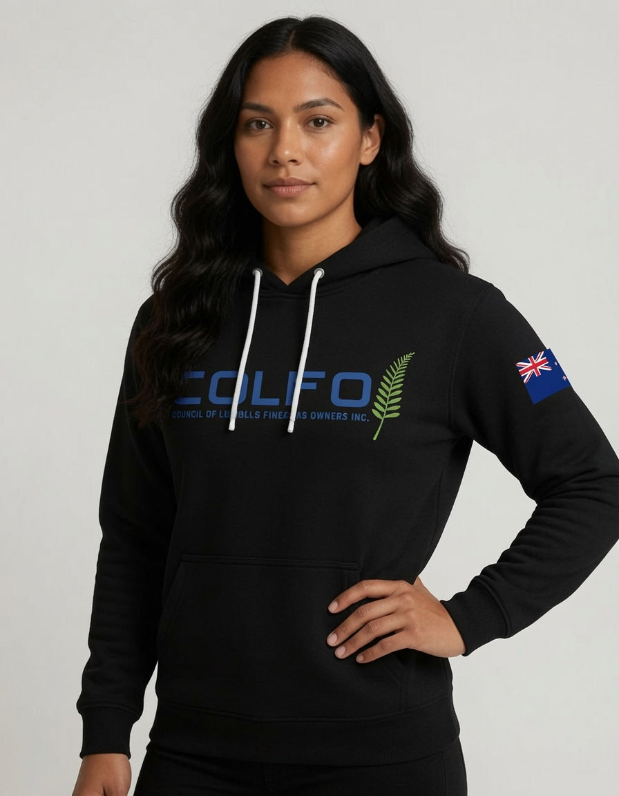 COLFO Branded Hoodie Women's NZ Flag White Text