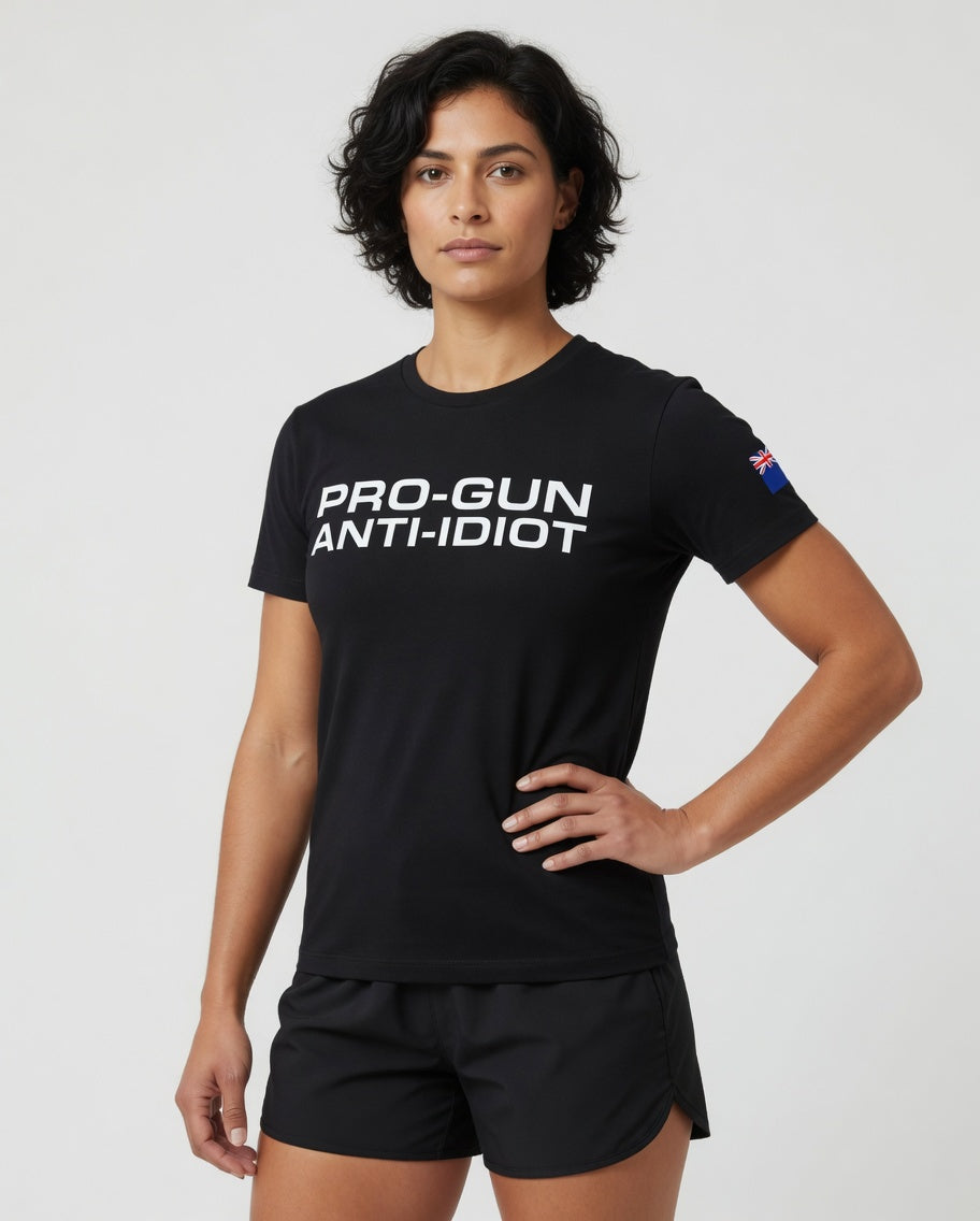 "Pro-Gun Anti-Idiot" T-Shirt Women's White Text