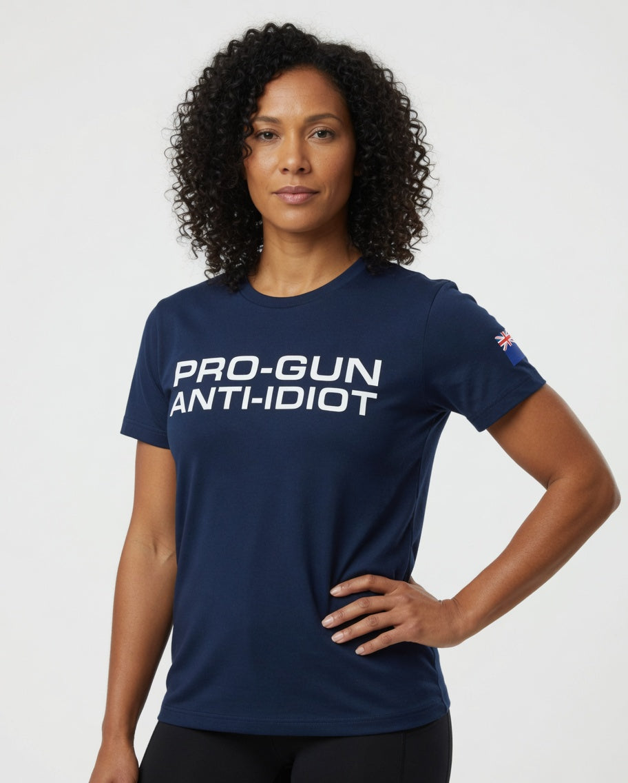 "Pro-Gun Anti-Idiot" T-Shirt Women's White Text