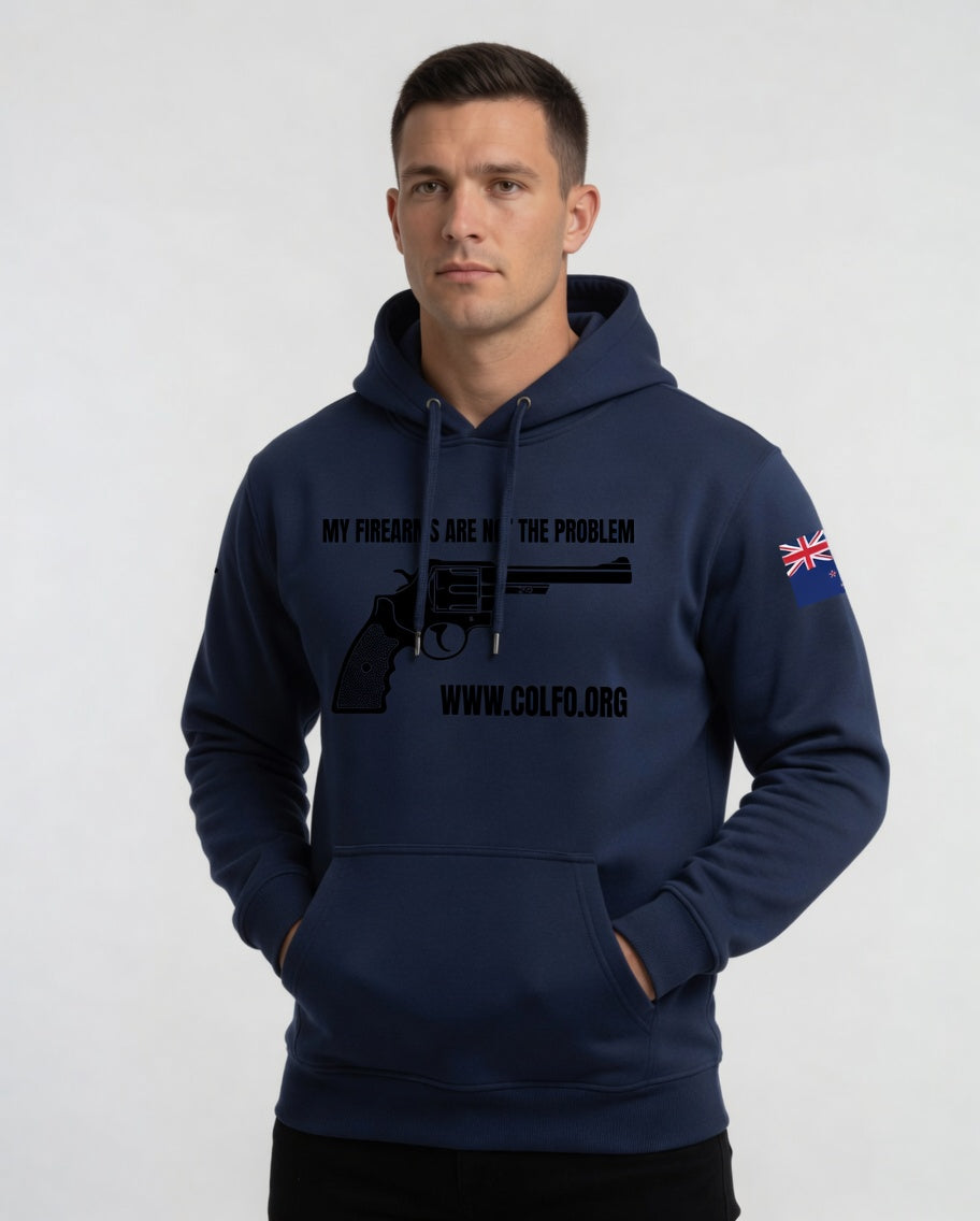 "My Firearms" Revolver Hoodie Men's with Black Text NZ Flag