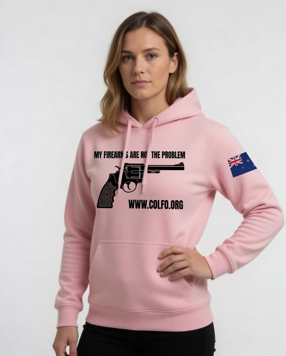 "My Firearms" Revolver Hoodie Women's Black Text NZ Flag