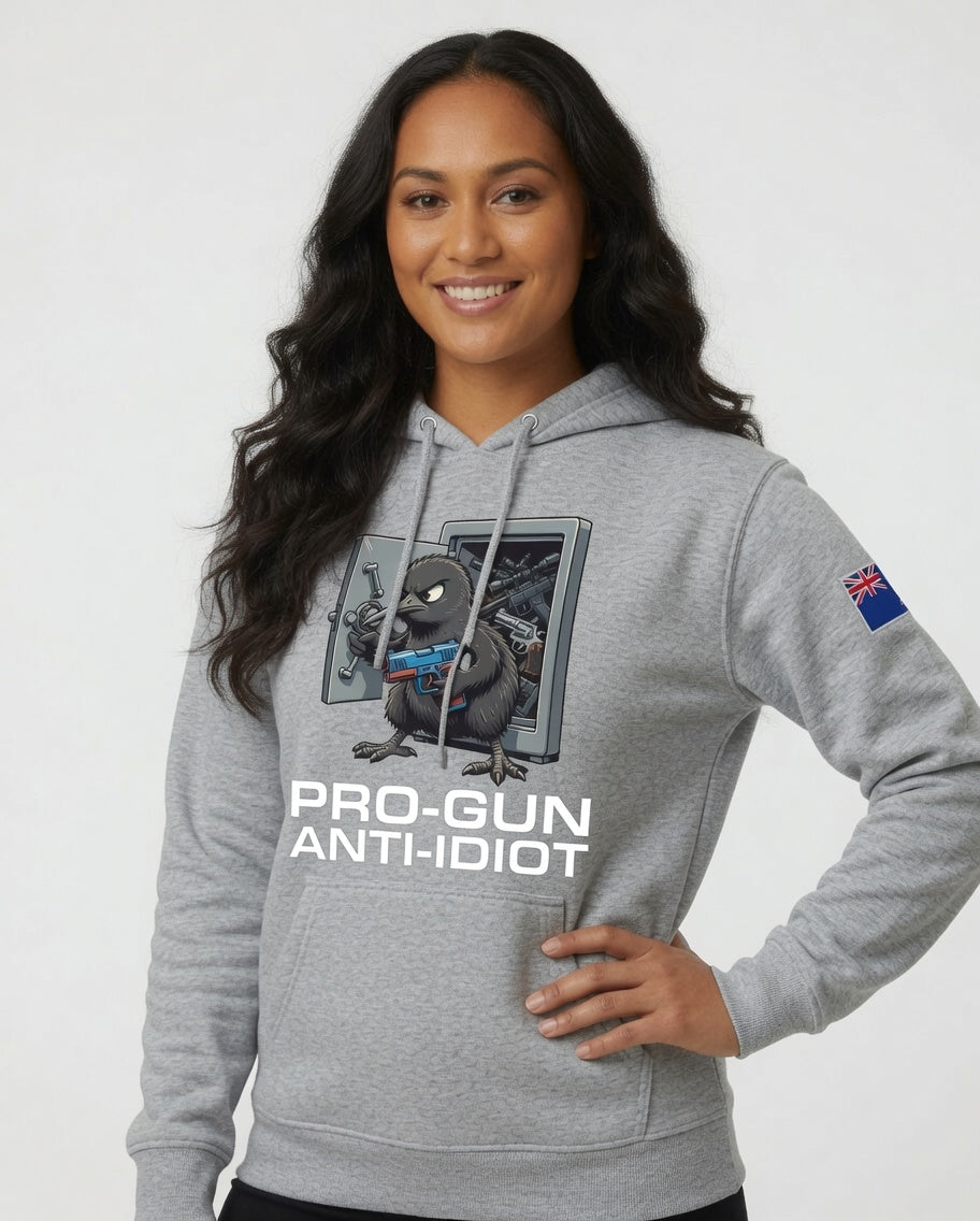 "Angry Kiwi" Hoodie Women's NZ Flag White Text
