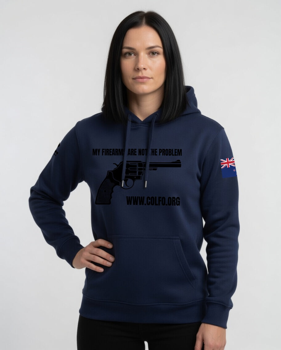 "My Firearms" Revolver Hoodie Women's Black Text NZ Flag