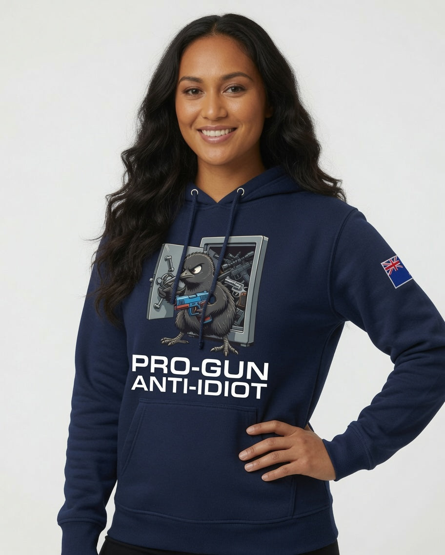"Angry Kiwi" Hoodie Women's NZ Flag White Text