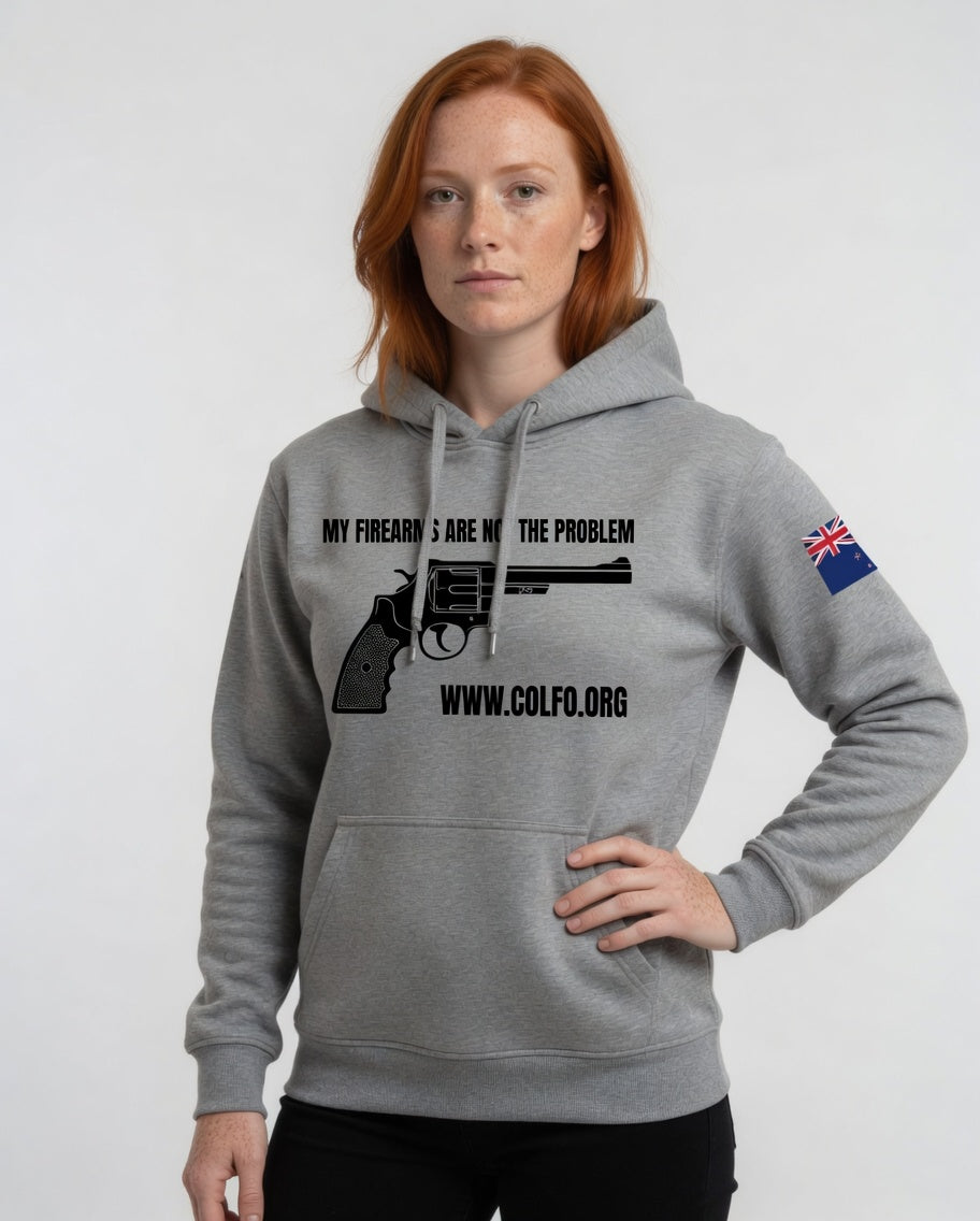 "My Firearms" Revolver Hoodie Women's Black Text NZ Flag