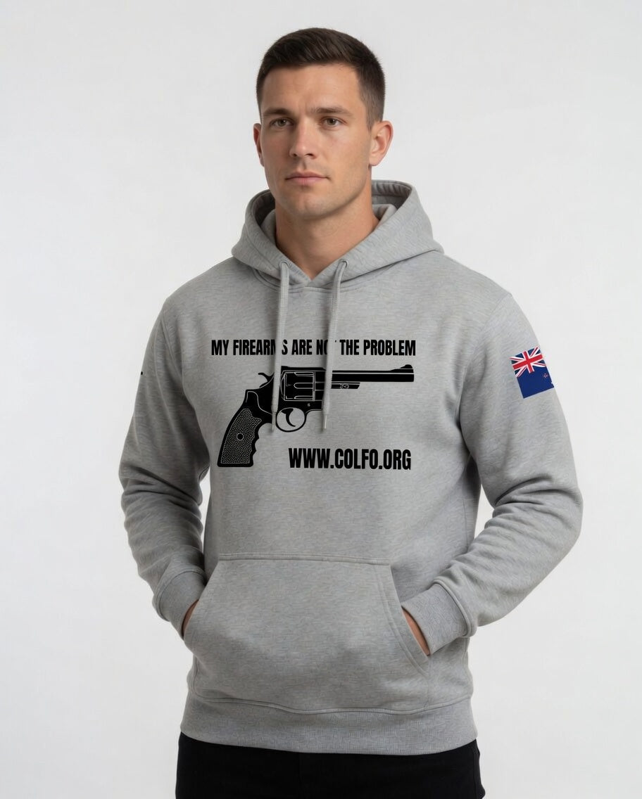 "My Firearms" Revolver Hoodie Men's with Black Text NZ Flag