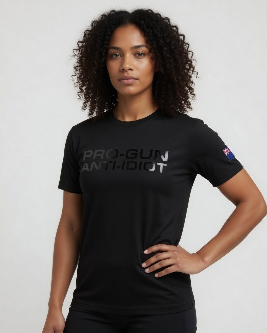 "Pro-Gun Anti-Idiot" T-Shirt Women's Black Text