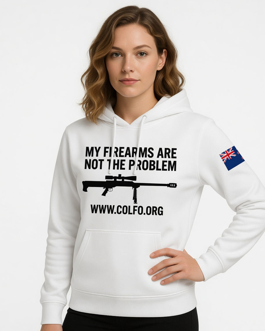"My Firearms" .50Cal Hoodie Women's NZ Flag Black Text