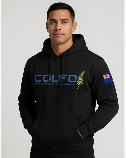 COLFO Logo Men's Hoodie NZ Flag Black Text