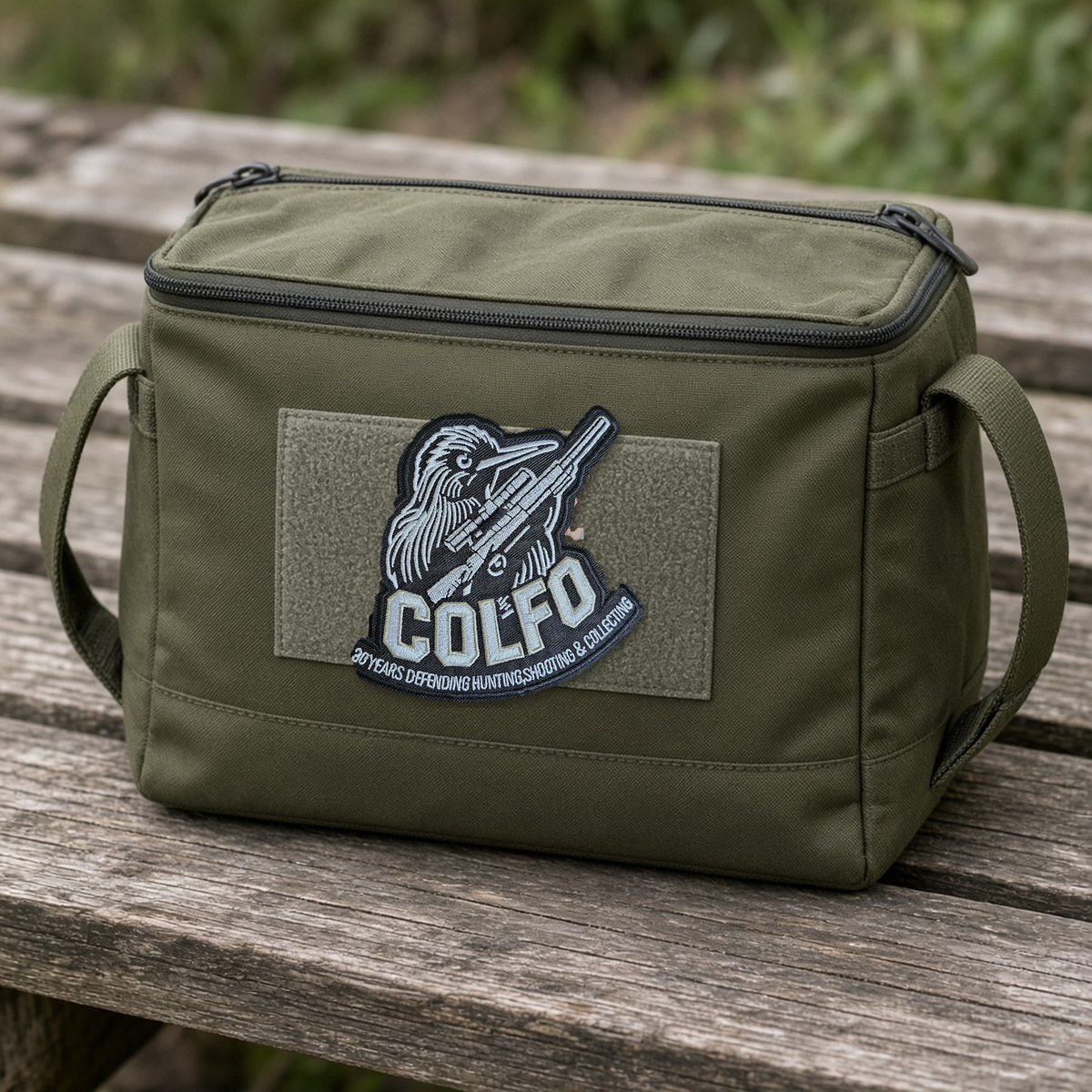 COLFO 30 Years patch on a range bag Velcro panel (mock-up)
