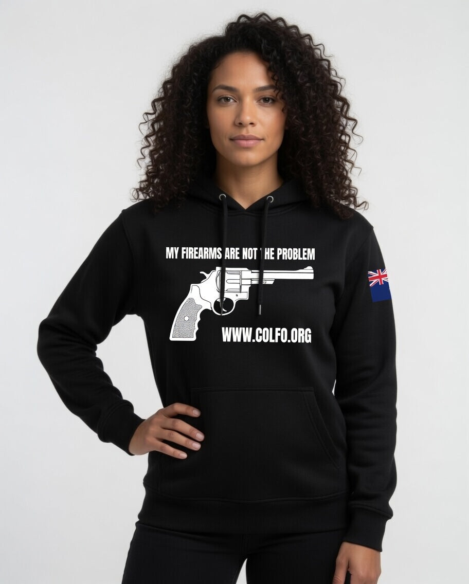 "My Firearms" Revolver Hoodie Women's White Text NZ Flag
