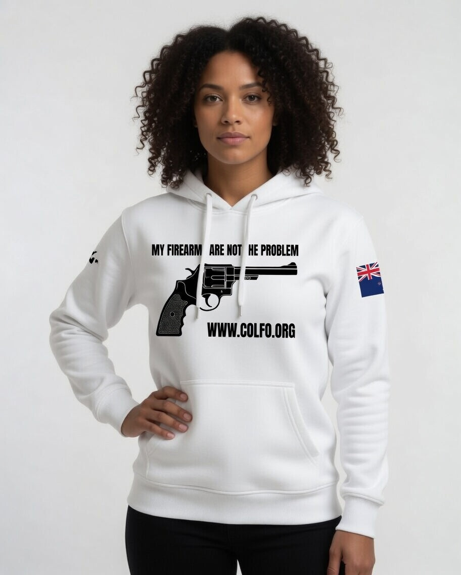 "My Firearms" Revolver Hoodie Women's Black Text NZ Flag