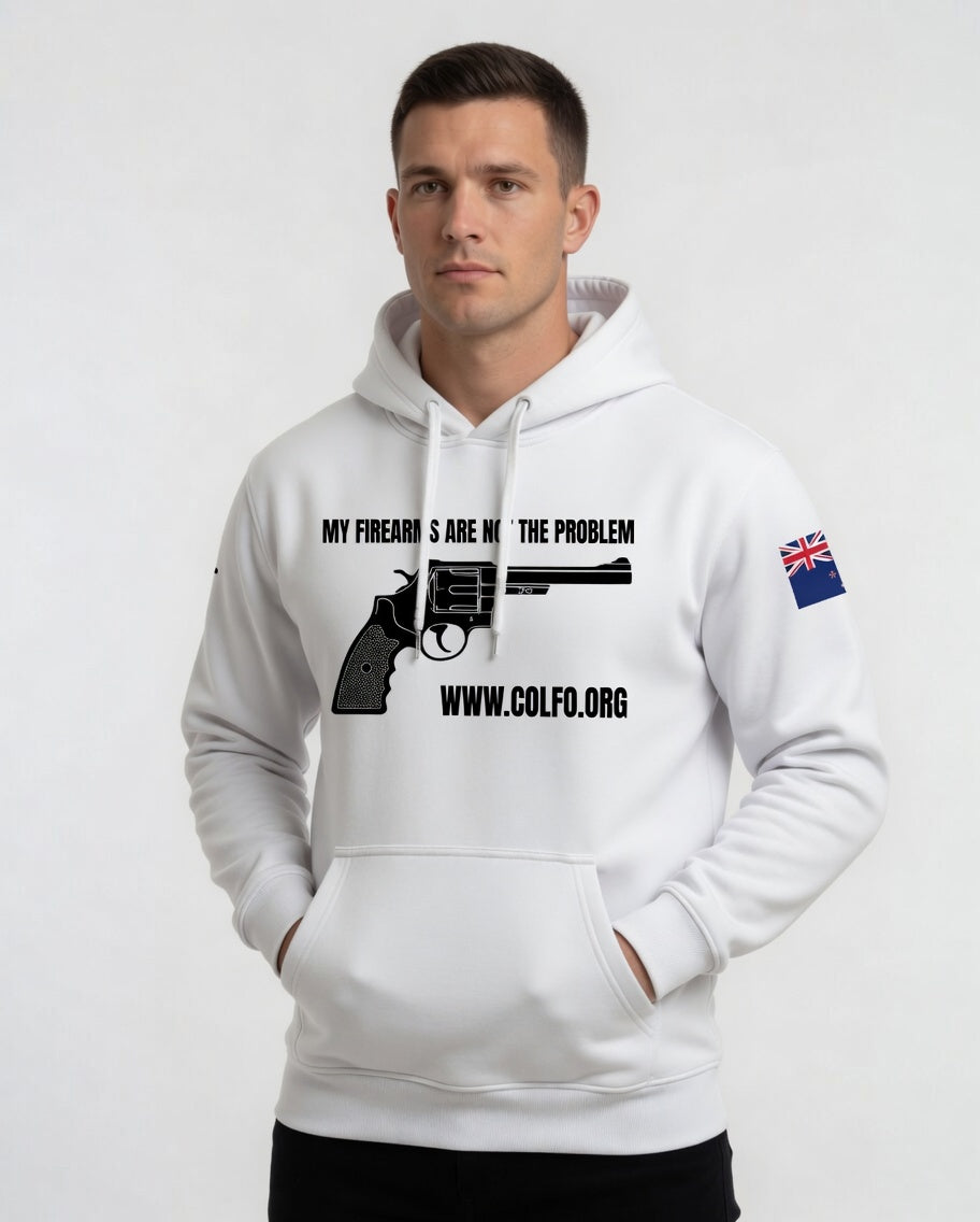 "My Firearms" Revolver Hoodie Men's with Black Text NZ Flag