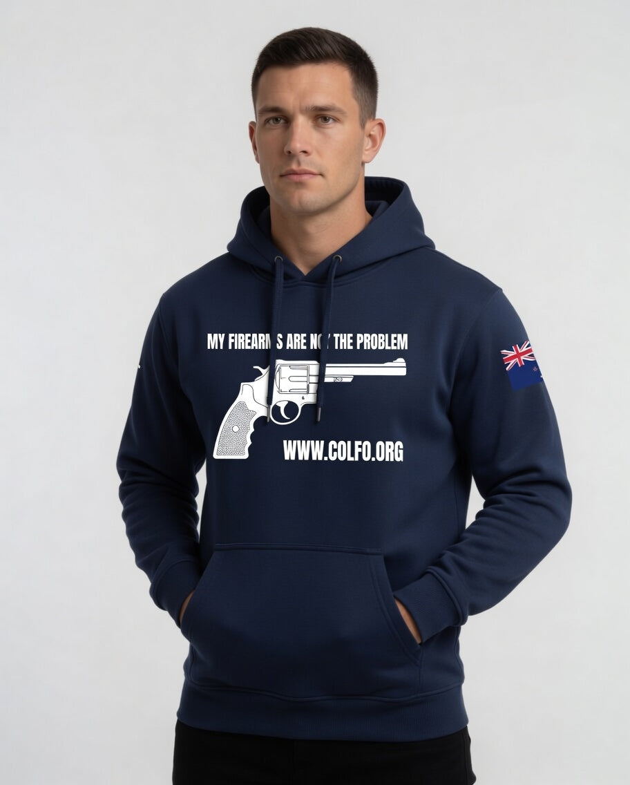 "My Firearms" Revolver Hoodie Men's with White Text NZ Flag