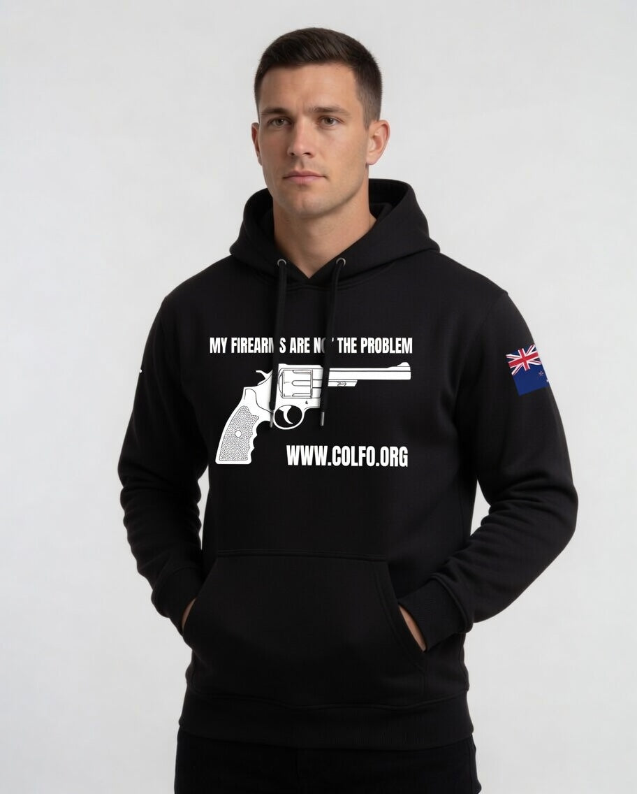 "My Firearms" Revolver Hoodie Men's with White Text NZ Flag